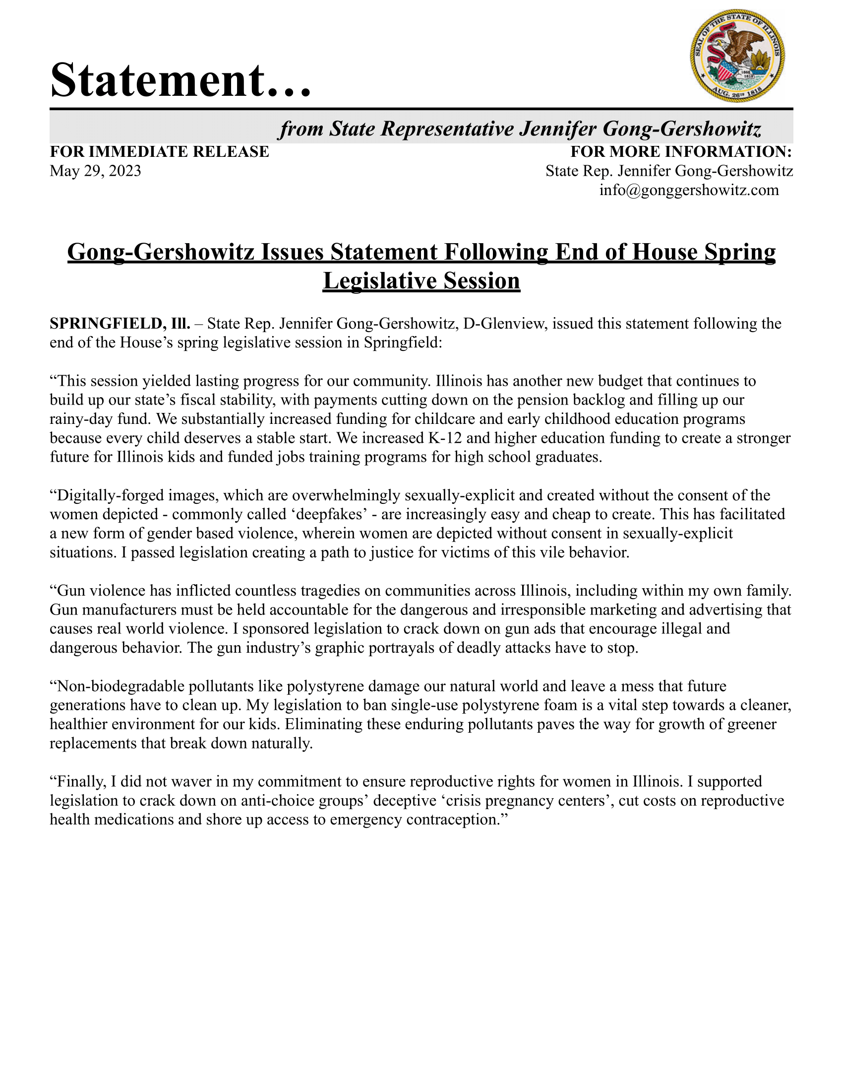 Gong-Gershowitz Issues Statement Following End of House Spring Legislative Session